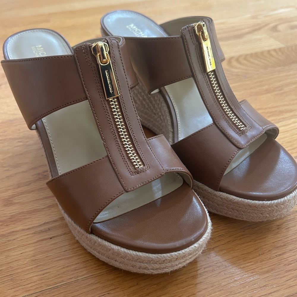 Michael Kors Tan Leather Wedge Mules
